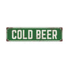 A vintage metal sign with the text COLD BEER on a dark green background.