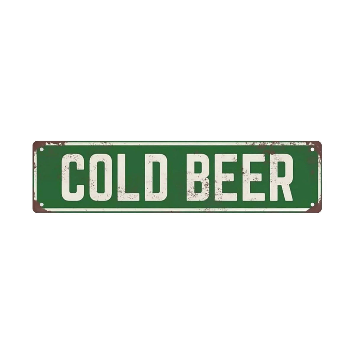 A vintage metal sign with the text COLD BEER on a dark green background.