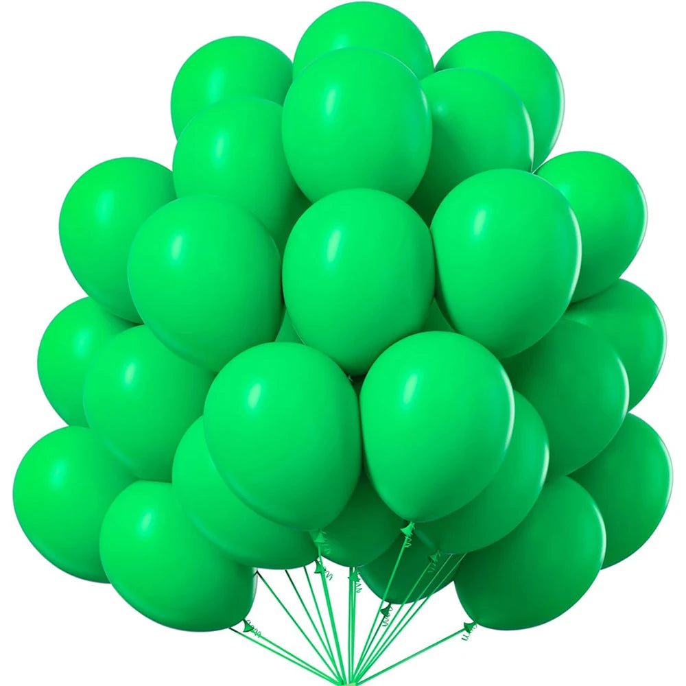 A bunch of bright green latex balloons tied together for party decor