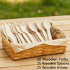 A wooden cutlery set including forks, spoons, and knives is displayed in a woven basket on a wooden surface.
