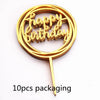 A gold acrylic happy birthday cake topper with the words Happy Birthday on a stick, packaged in 10 pieces.