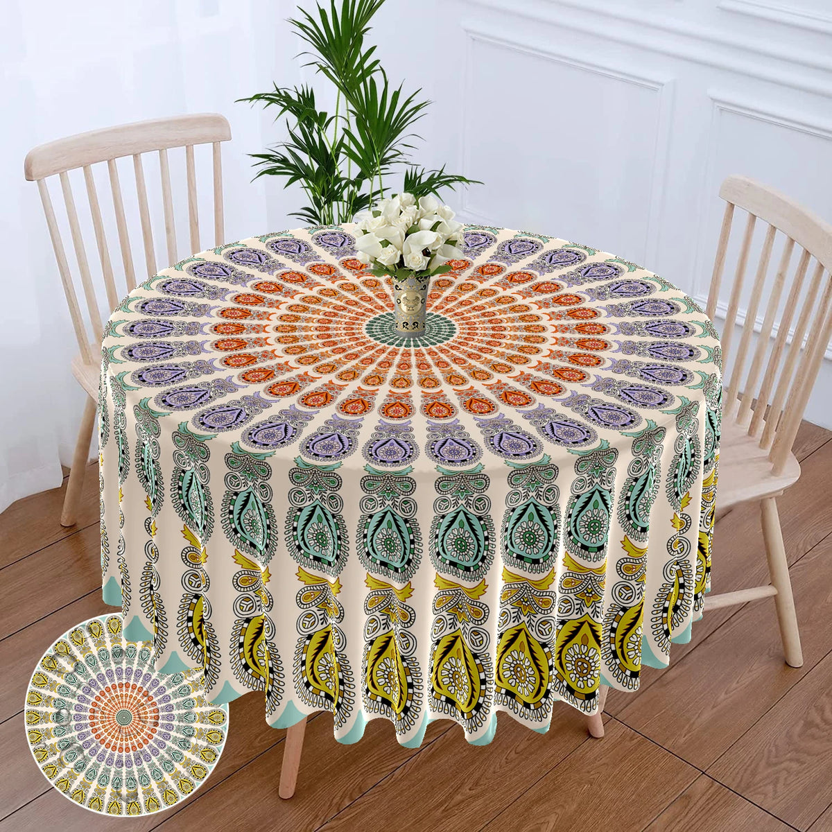 Bohemian peacock mandala round tablecloth with floral patterns displayed on a wooden table.