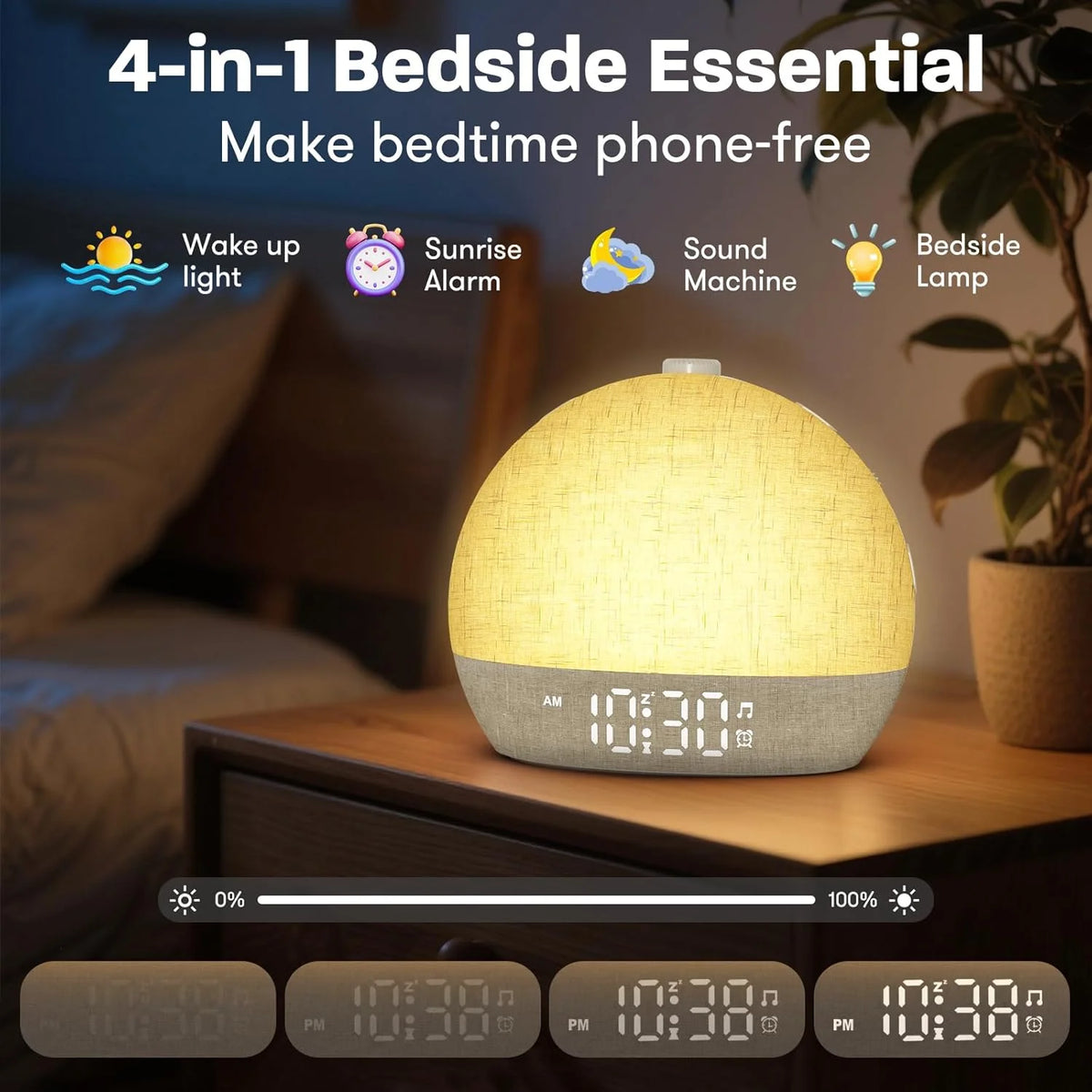A round bedside lamp with a digital display is shown next to a plant, demonstrating its 4-in-1 features.