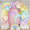 A pastel rainbow balloon arch kit featuring pink, purple, and light blue balloons with flowers and clouds for party decoratio