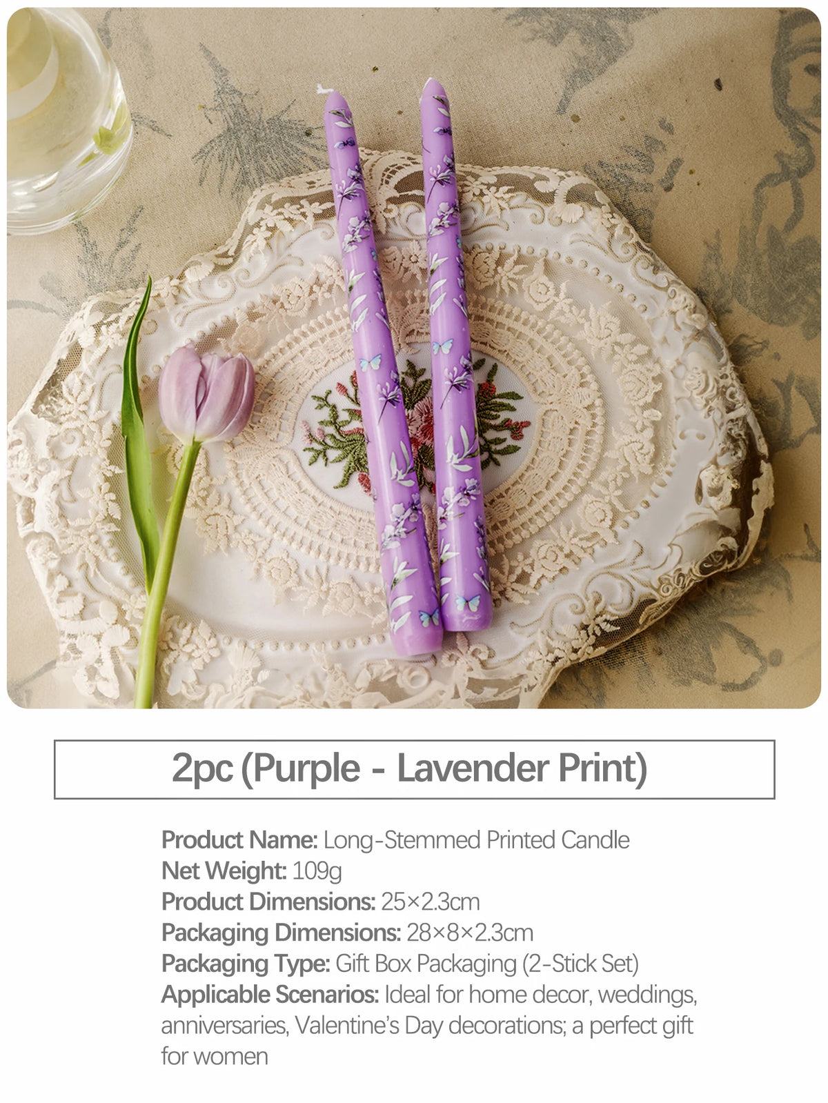 Two purple long-stemmed candles with a lavender print displayed on an ornate plate.