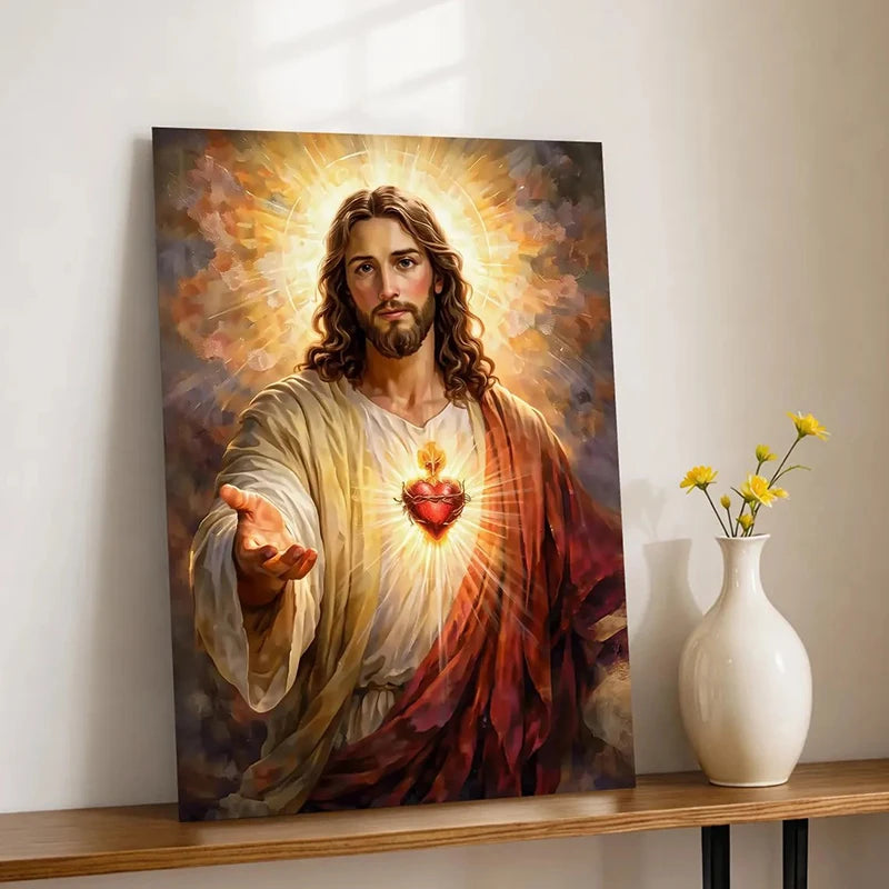 A painting depicting Jesus with a radiant halo and a visible Sacred Heart, rendered in warm tones.