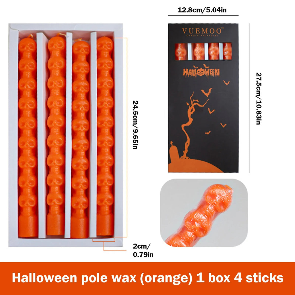 Box of 4 Halloween pole wax orange taper candles with dripping blood effect