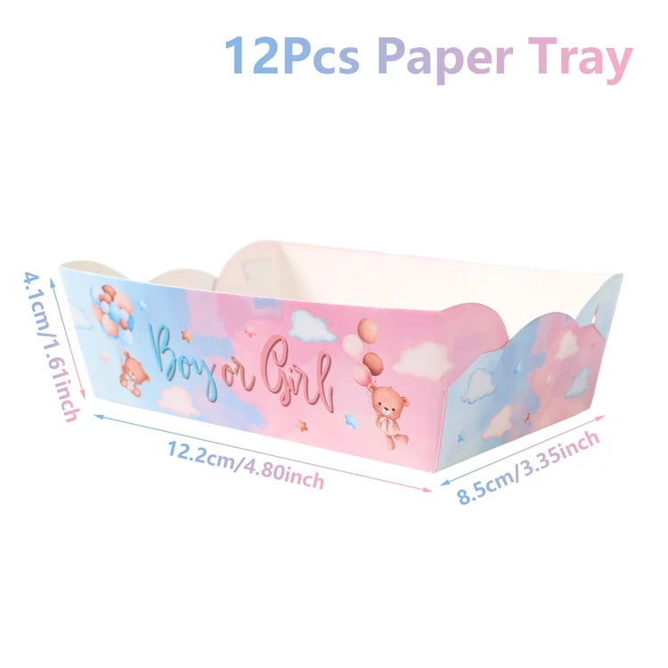 A pink and blue paper tray designed for a gender reveal party or baby shower.
