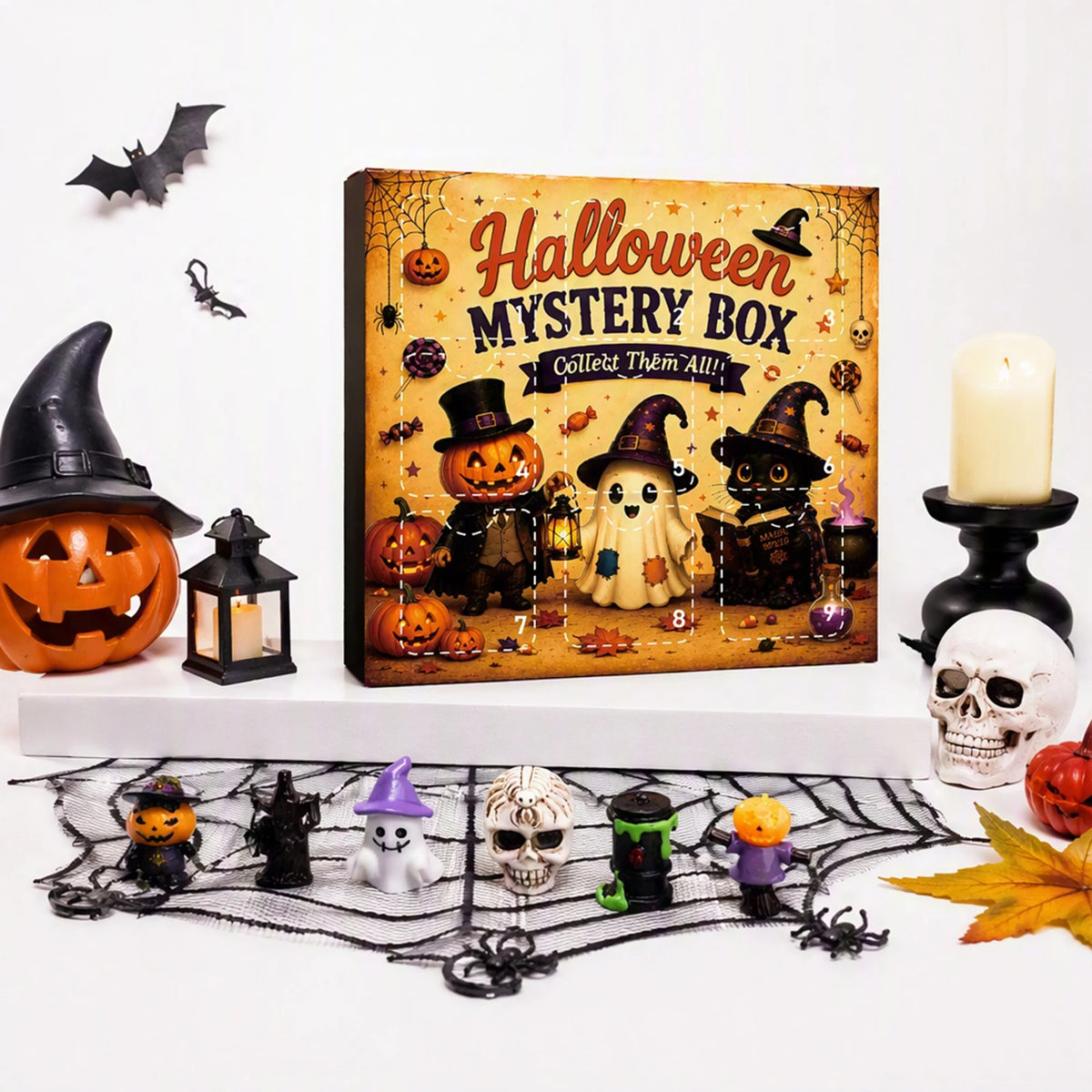 A Halloween mystery box featuring a wooden plaque with spooky designs and various small figurines.