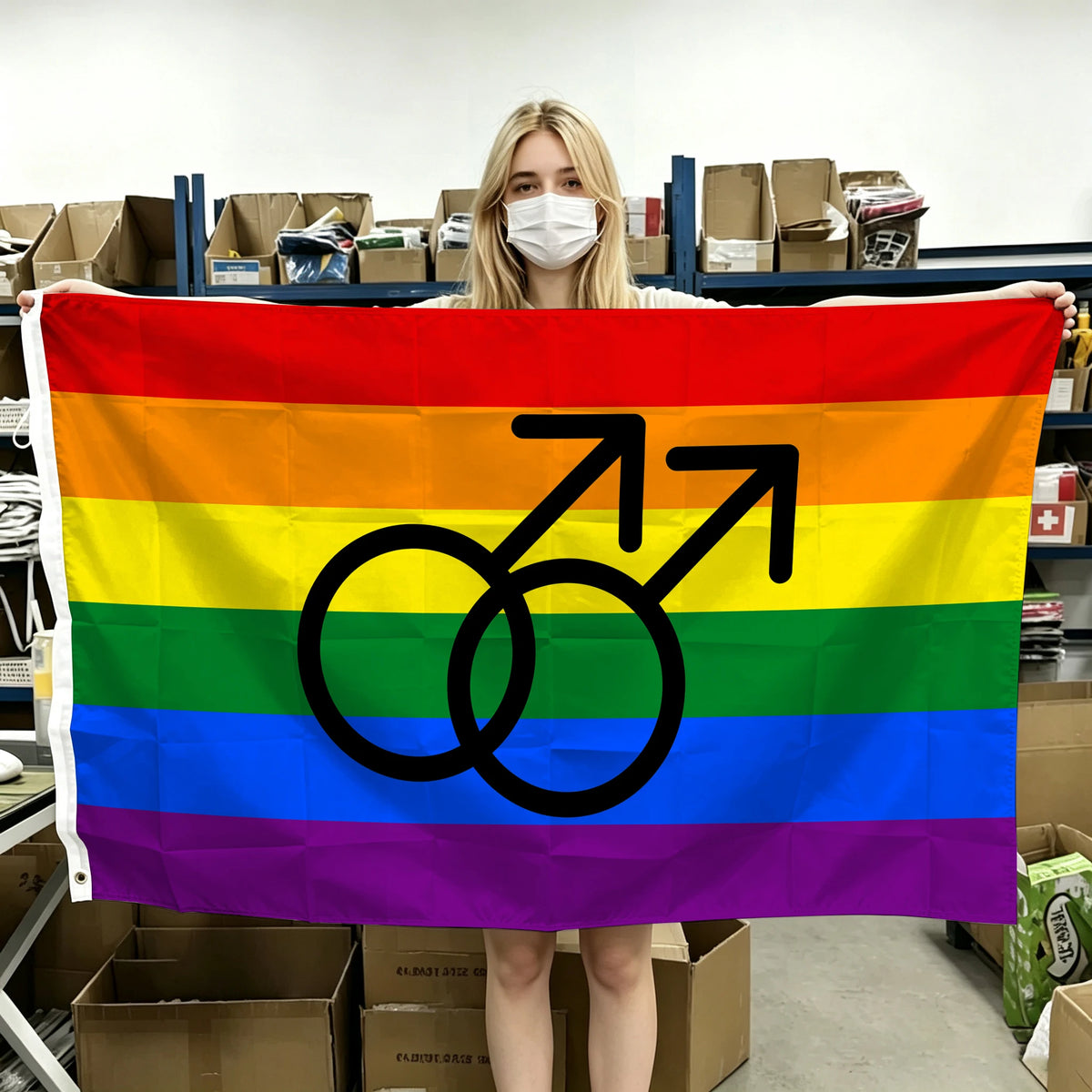 A person holds a horizontal Pride flag displaying the rainbow colors and a black gender symbol.