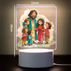 A 3D LED night light featuring a family illustration with a father and four children on a square panel.