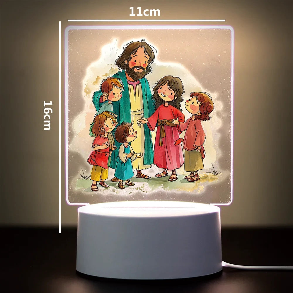 A 3D LED night light featuring a family illustration with a father and four children on a square panel.