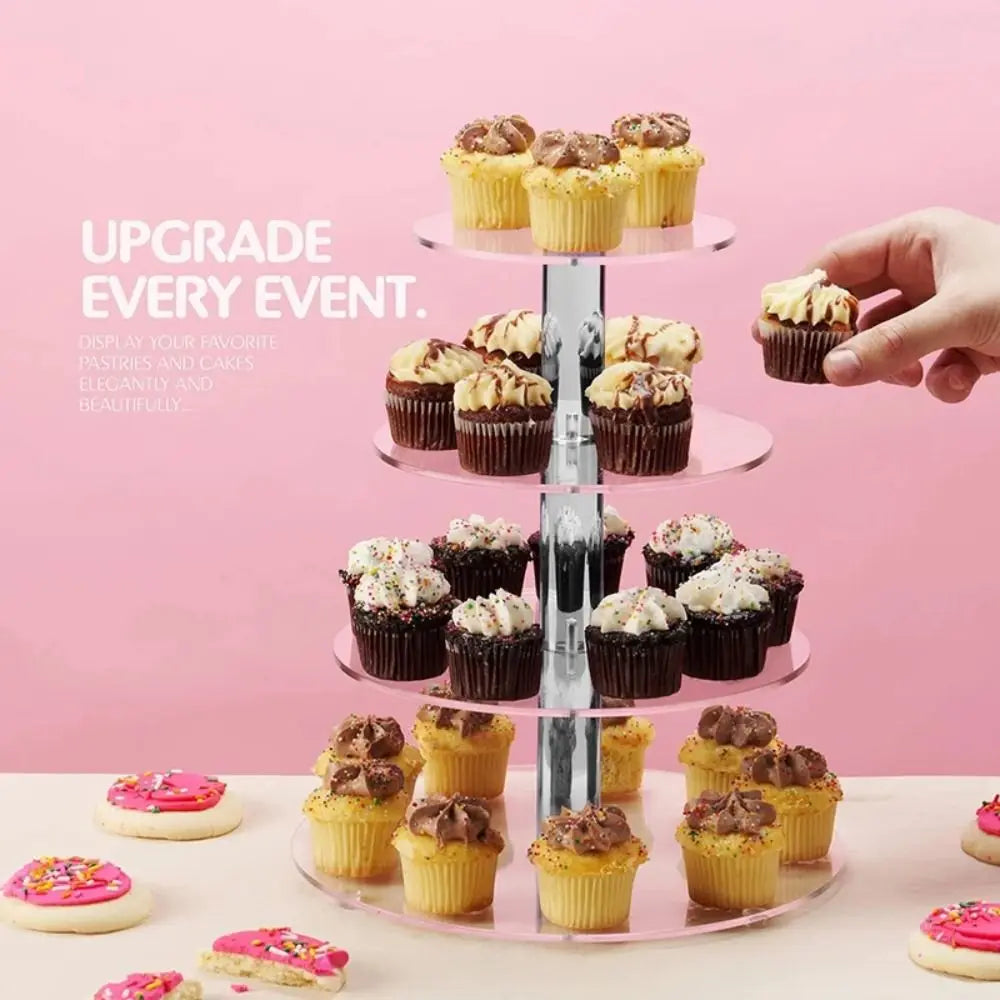 Klares Acryl-Mehrstöckenauslage für verschiedene Cupcakes und Gebäck.