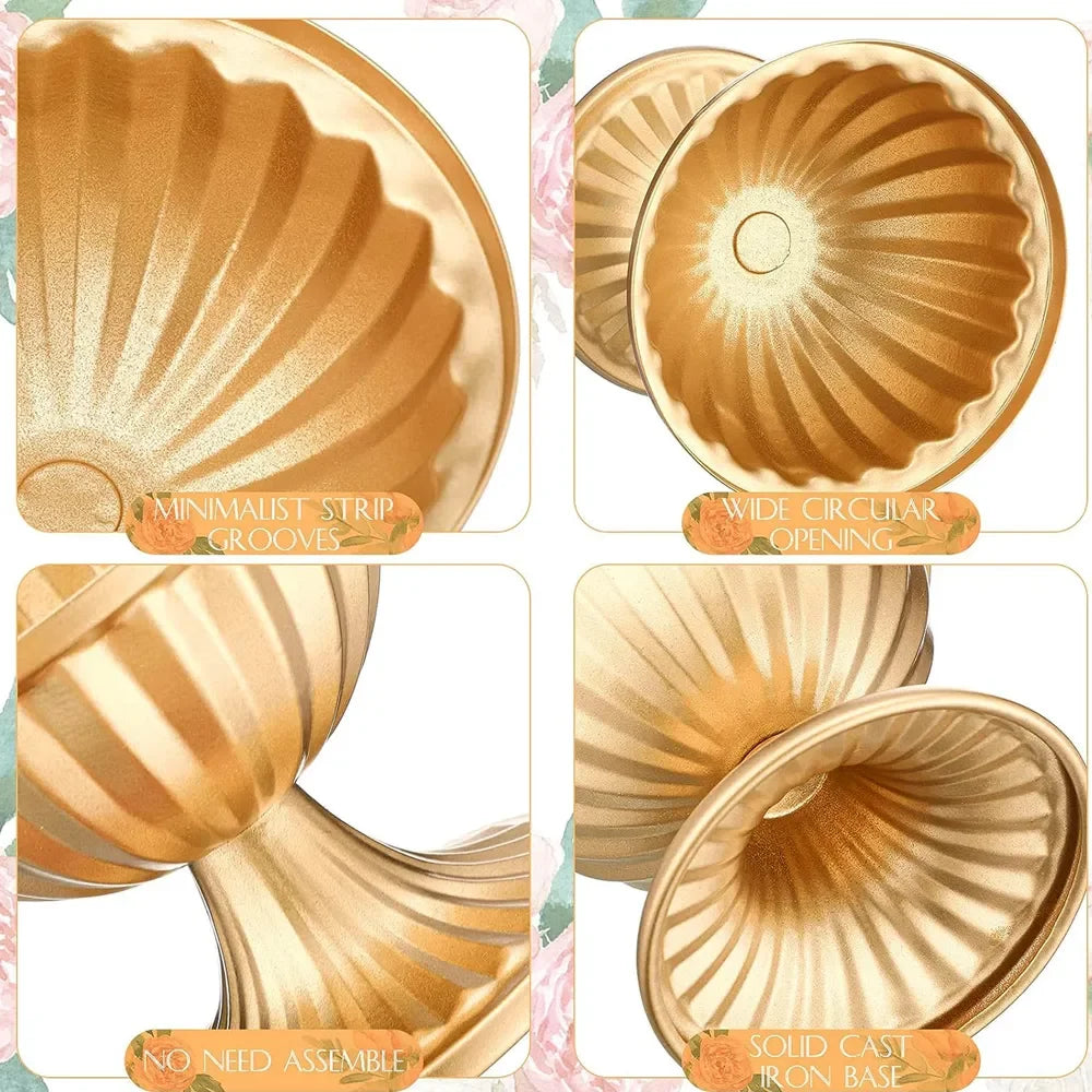 Gold trumpet vase with minimalist strip grooves, wide circular opening, and solid cast iron base.