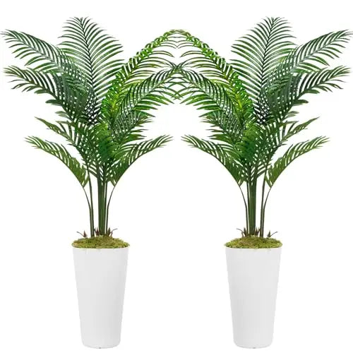 Artificial palm tree floor decor featuring lush green fronds.