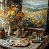 A still life painting featuring wildflowers in yellow, orange, and blue hues displayed on a rustic wooden table.