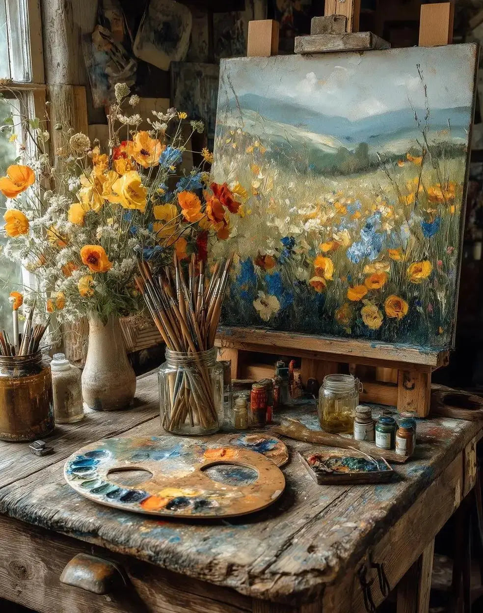 A still life painting featuring wildflowers in yellow, orange, and blue hues displayed on a rustic wooden table.