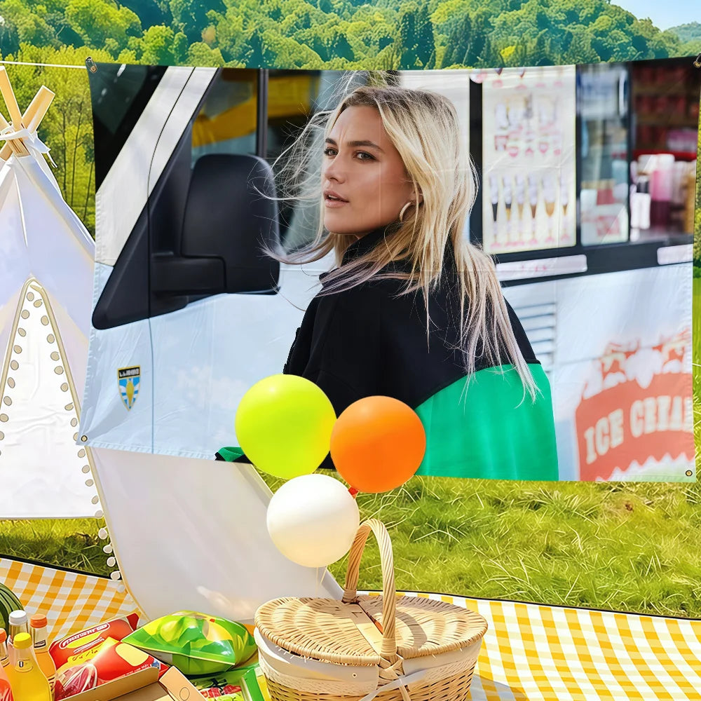 Florence Pugh themed decorative flag banner displayed outdoors with a woman and balloons.