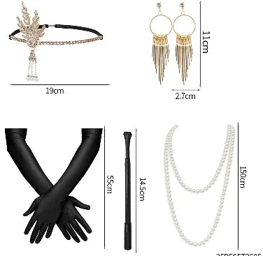 1920s Gatsby Flapper Accessory Set with Headband, Gloves, Pearl Necklace & Cigarette Holder