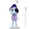 A purple plush toy resembling a stylized character with a blue hat and a black cross on its face.