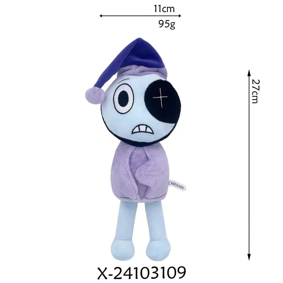 A purple plush toy resembling a stylized character with a blue hat and a black cross on its face.