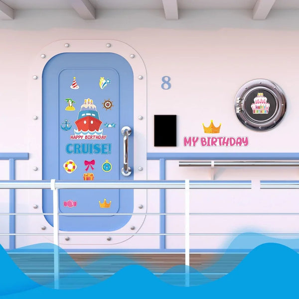 A light blue door with a cruise ship design and birthday decorations is shown, featuring magnets for a birthday cruise theme.