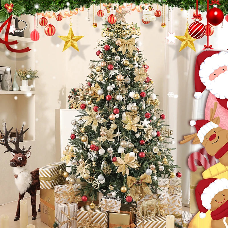 A decorated Christmas tree surrounded by festive baubles, ornaments, and holiday decor.
