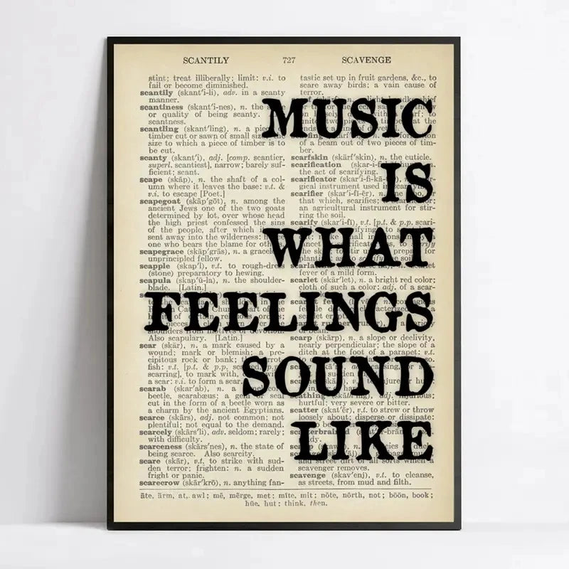 Vintage newspaper text featuring various words like SCANTILY SCAVENGE and MUSIC IS SOUND LIKE