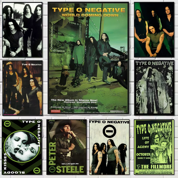 A collection of posters featuring Type O Negative band artwork and album covers.
