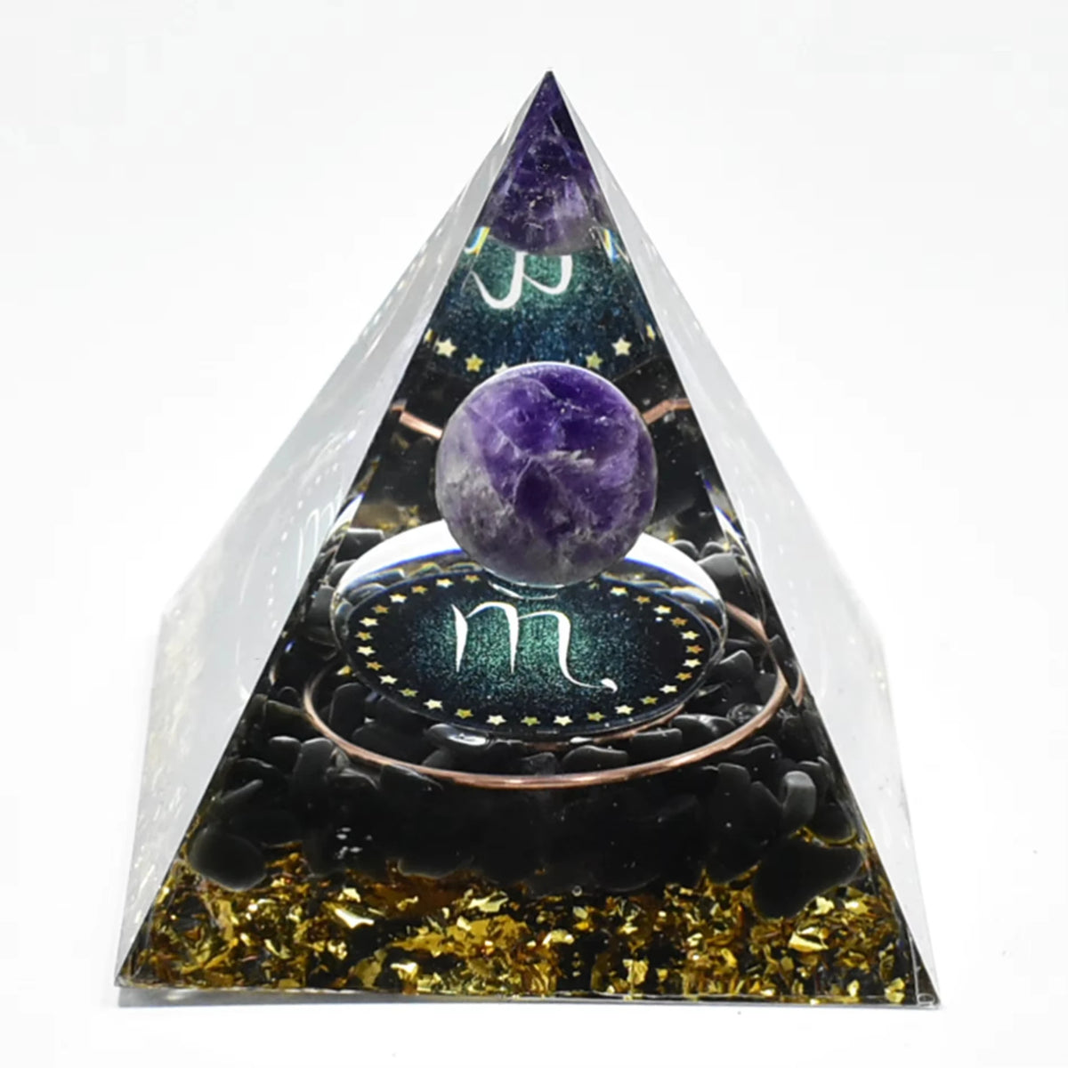 Handmade resin orgonite pyramid featuring natural obsidian and a copper coil.