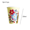 A yellow disposable cup featuring a colorful floral pattern, part of an 8-piece set.