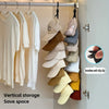 A vertical hat organizer rack displaying various colored hats hanging on a closet rod.