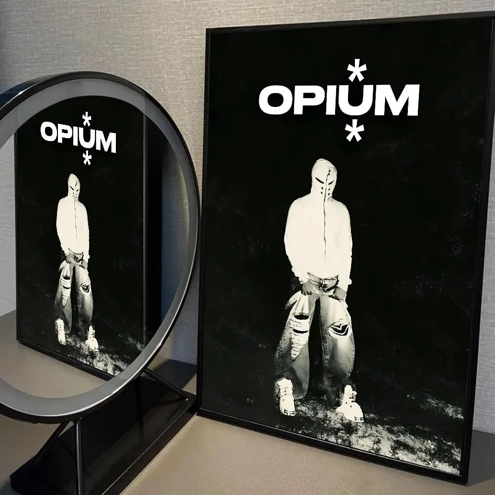 Black canvas wall art featuring a white figure and the word OPIUM in white text with stars.