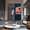 Abstract space canvas art poster featuring a stylized figure in a modern interior setting.