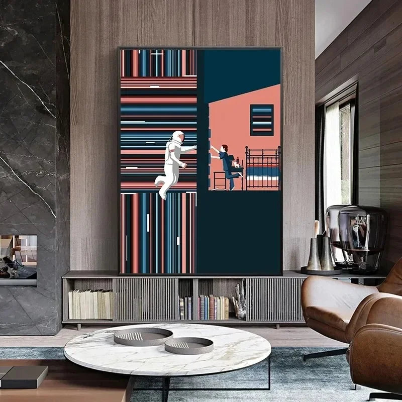 Abstract space canvas art poster featuring a stylized figure in a modern interior setting.