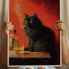 A black cat sits on a wooden surface next to a glass of amber liquid, set against a red background.