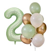 A cluster of olive green and gold foil balloons shaped like the number 2.