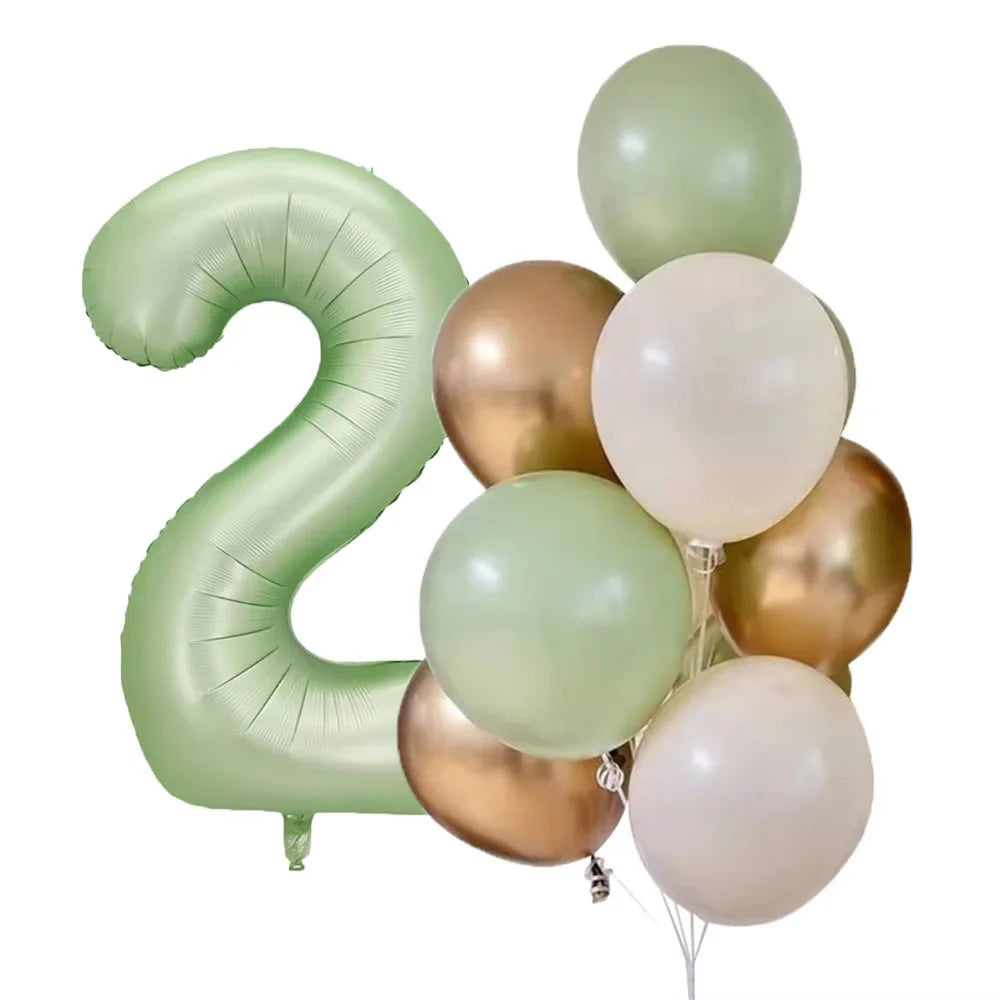 A cluster of olive green and gold foil balloons shaped like the number 2.