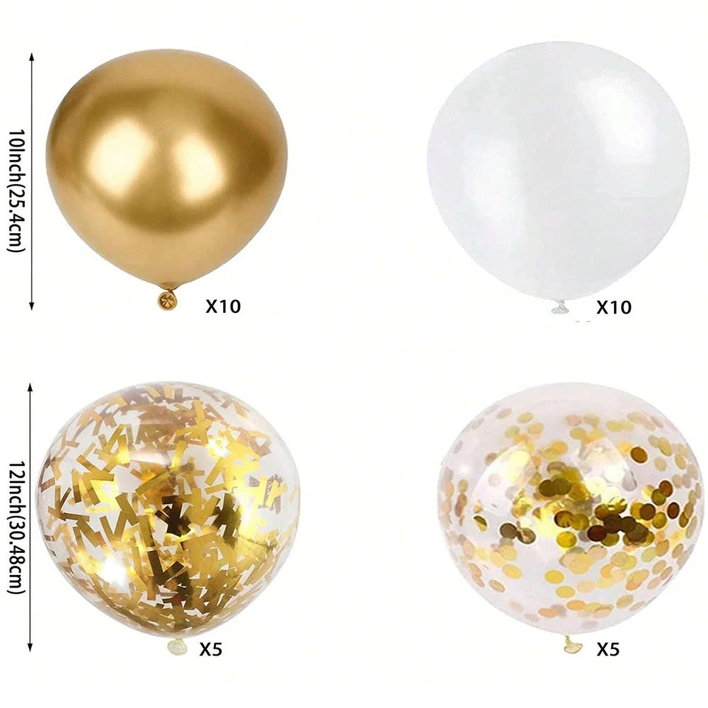 A set of gold and white balloons, including solid gold and white balloons, and clear balloons filled with gold confetti.