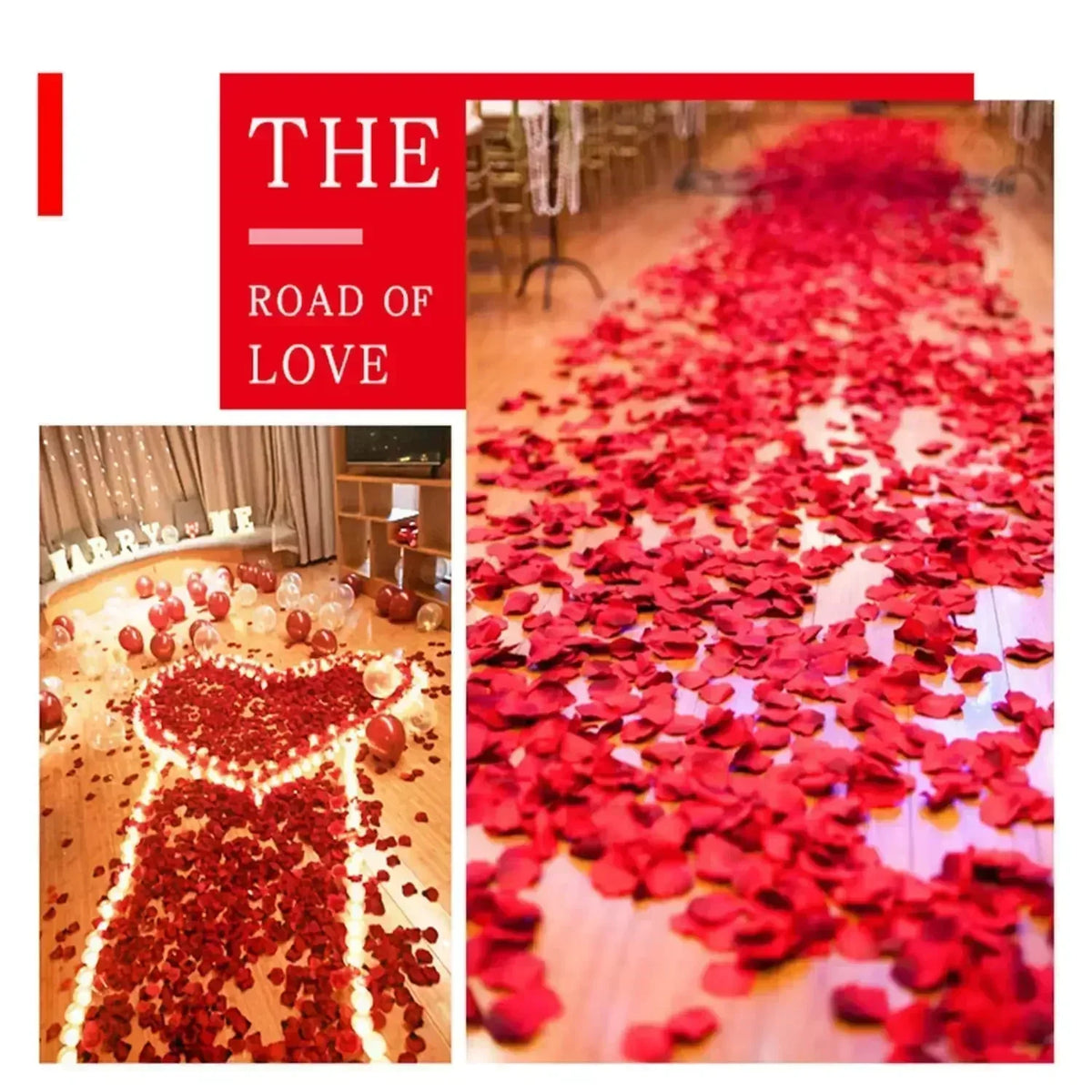 A close-up of a red carpet covered in artificial rose petals used for wedding decoration.