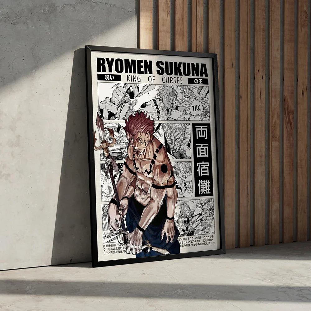 Wall art featuring a black and white illustration of Ryomen Sukuna from Jujutsu Kaisen