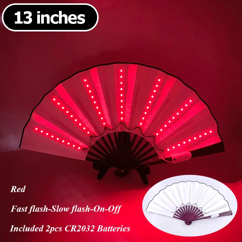 A red multi-mode LED party fan opening to reveal bright white light rays.