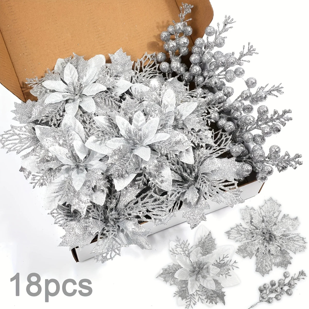 Glitter Christmas Berry & Flower Bouquet Ornaments (Set of 18)