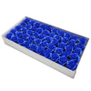 A box filled with blue artificial rose heads for wedding and party decor.