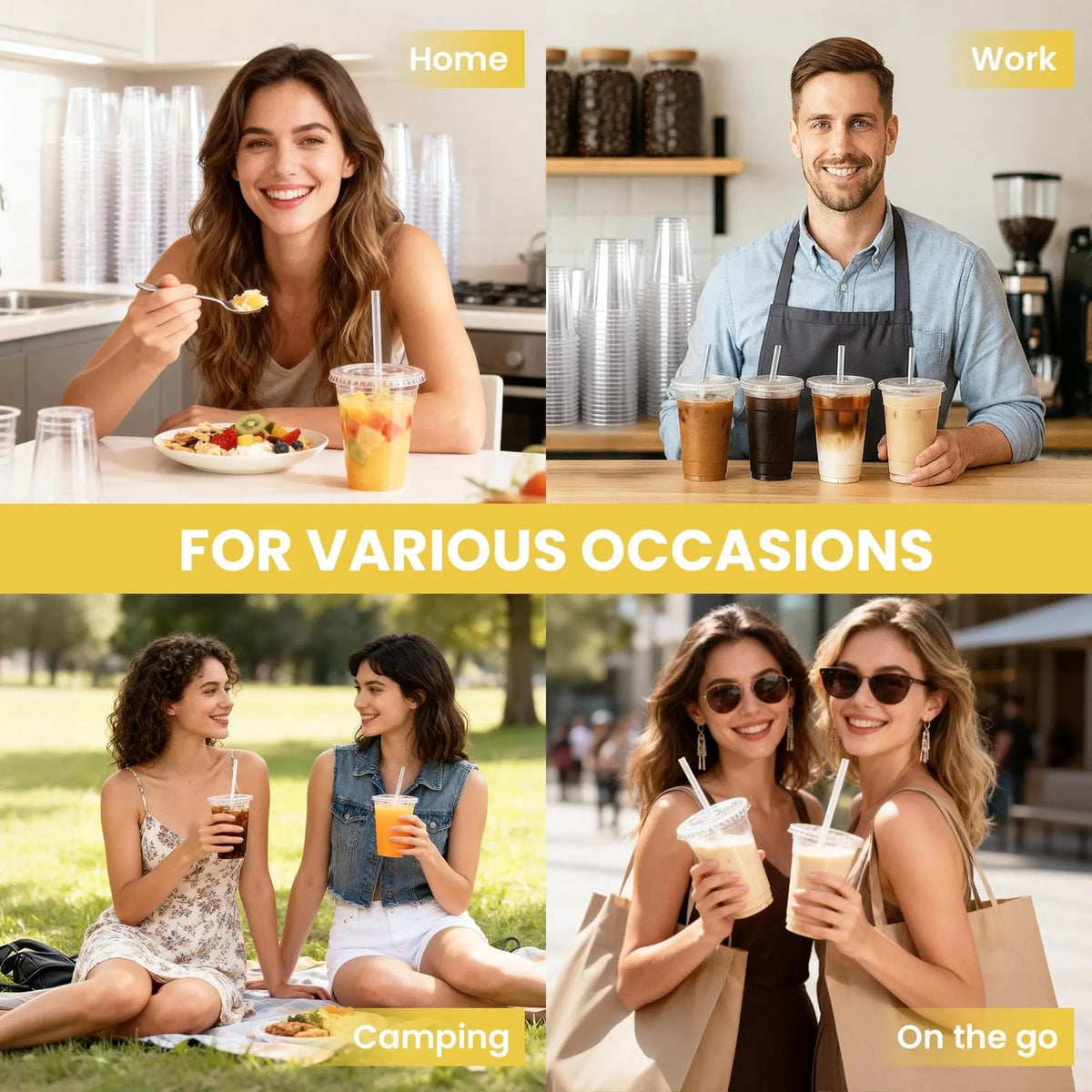 A collage showing reusable disposable plastic cups with straws used in home, work, camping, and on the go settings.