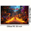 A vibrant Day of the Dead backdrop featuring sugar skulls, floral patterns, and a pathway lit by candles.