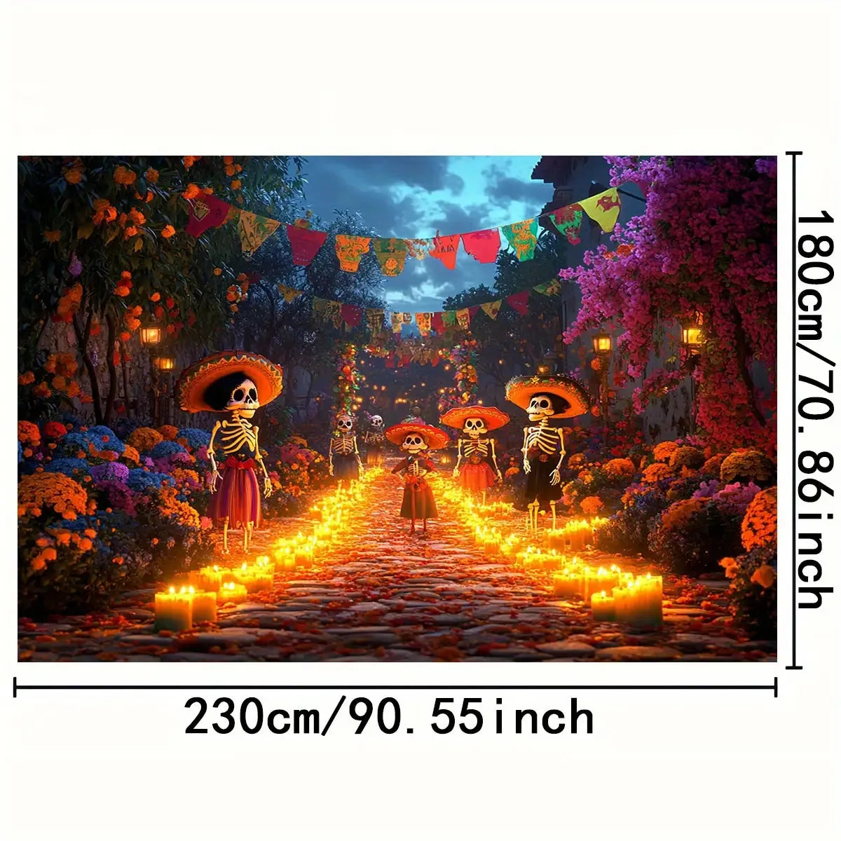 A vibrant Day of the Dead backdrop featuring sugar skulls, floral patterns, and a pathway lit by candles.