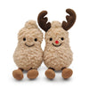 Two fluffy brown plush toys shaped like a peanut and reindeer with antlers