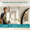 A round black aluminum alloy frame mirror with a minimalist design shown in various contexts.