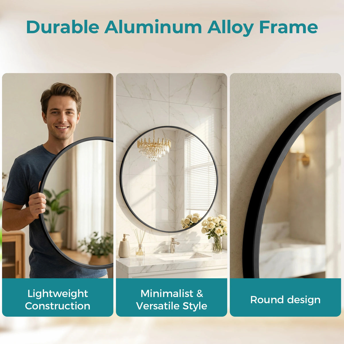A round black aluminum alloy frame mirror with a minimalist design shown in various contexts.